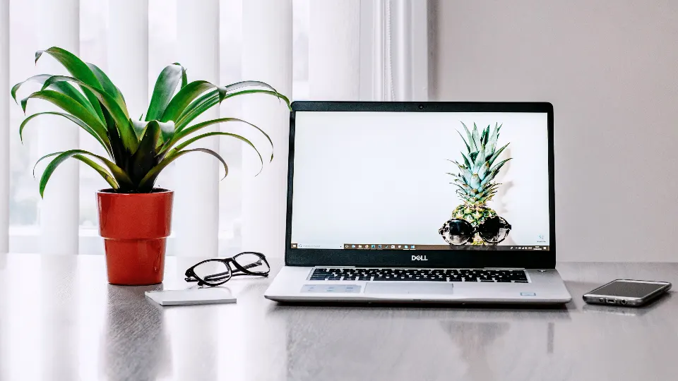 Portátil abierto sobre un escritorio blanco junto a una planta y unas gafas