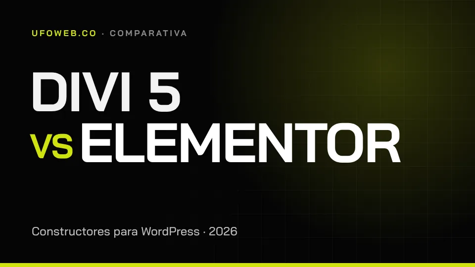 Portada de UFOWEB con el texto Divi 5 vs Elementor sobre fondo negro y acento lima
