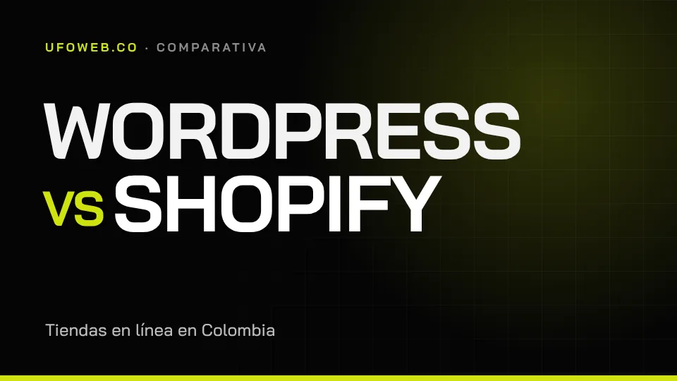 Portada de UFOWEB con el texto WordPress vs Shopify sobre fondo negro y acento lima